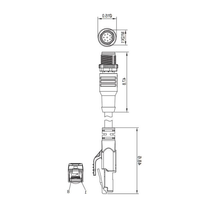 M12 8Pin 公头直型转RJ45公头直型、双端预铸PVC非柔性电缆、带屏蔽、茶绿色护套、Ethernet Cat5e、0C4463-XXX